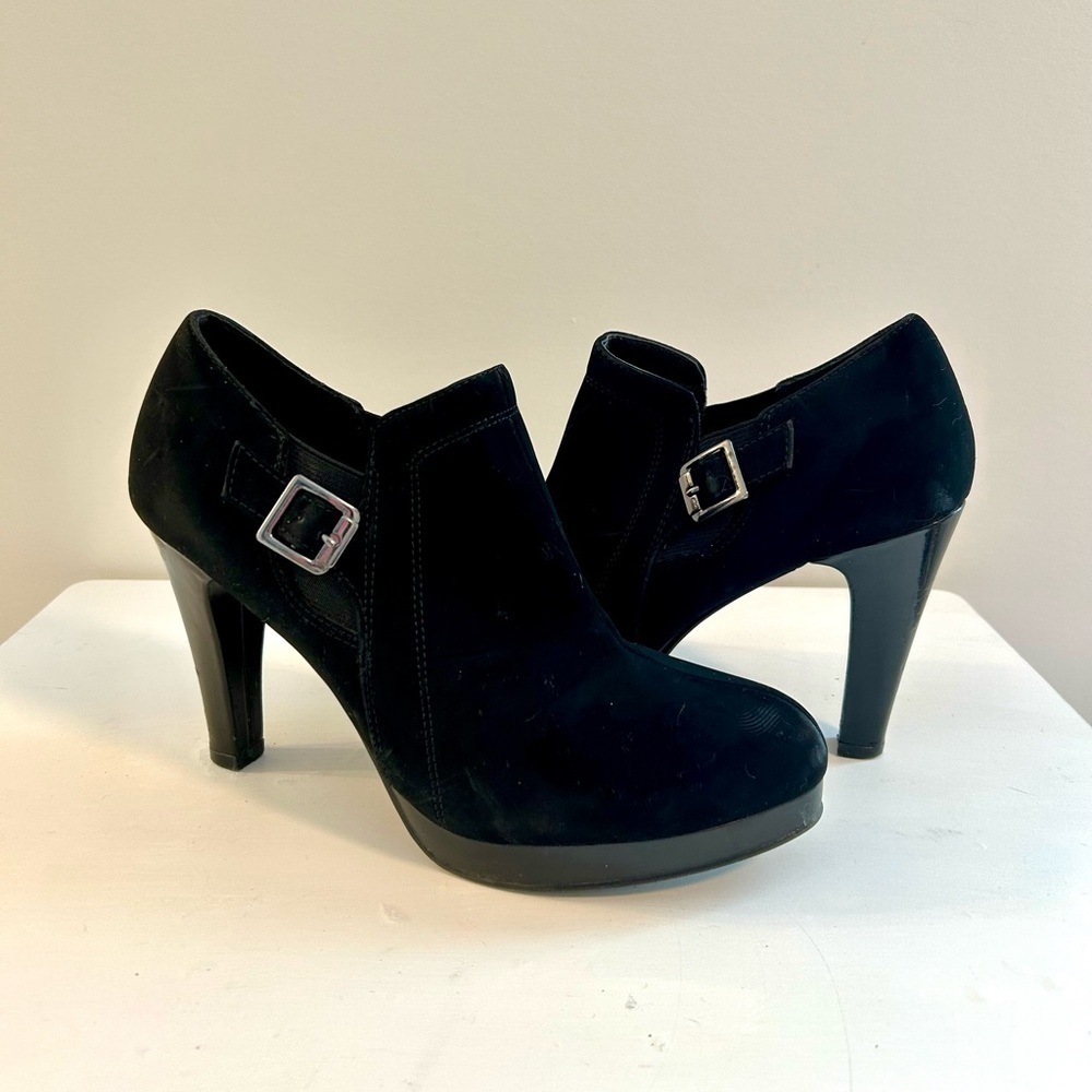 Fioni Black Faux Suede Buckle Ankle Heeled Boot